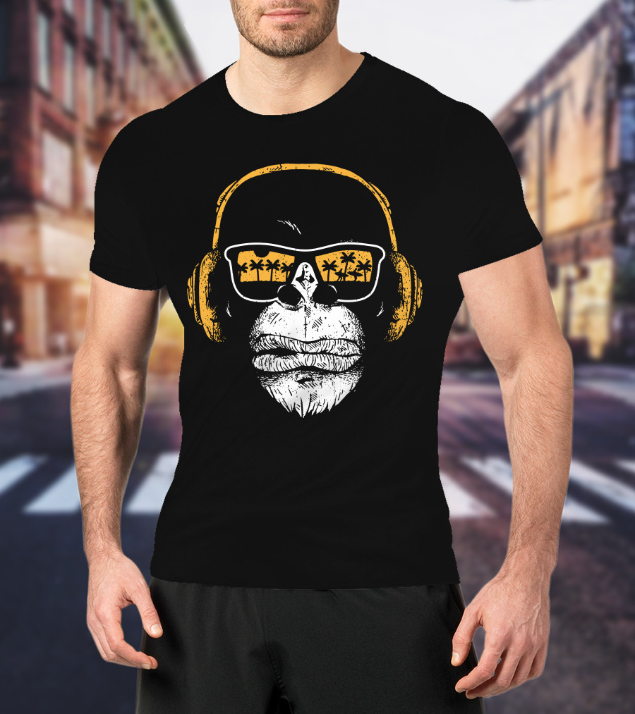 Monkey With DJ Headphones Sunglasses Palm Trees T-Shirt