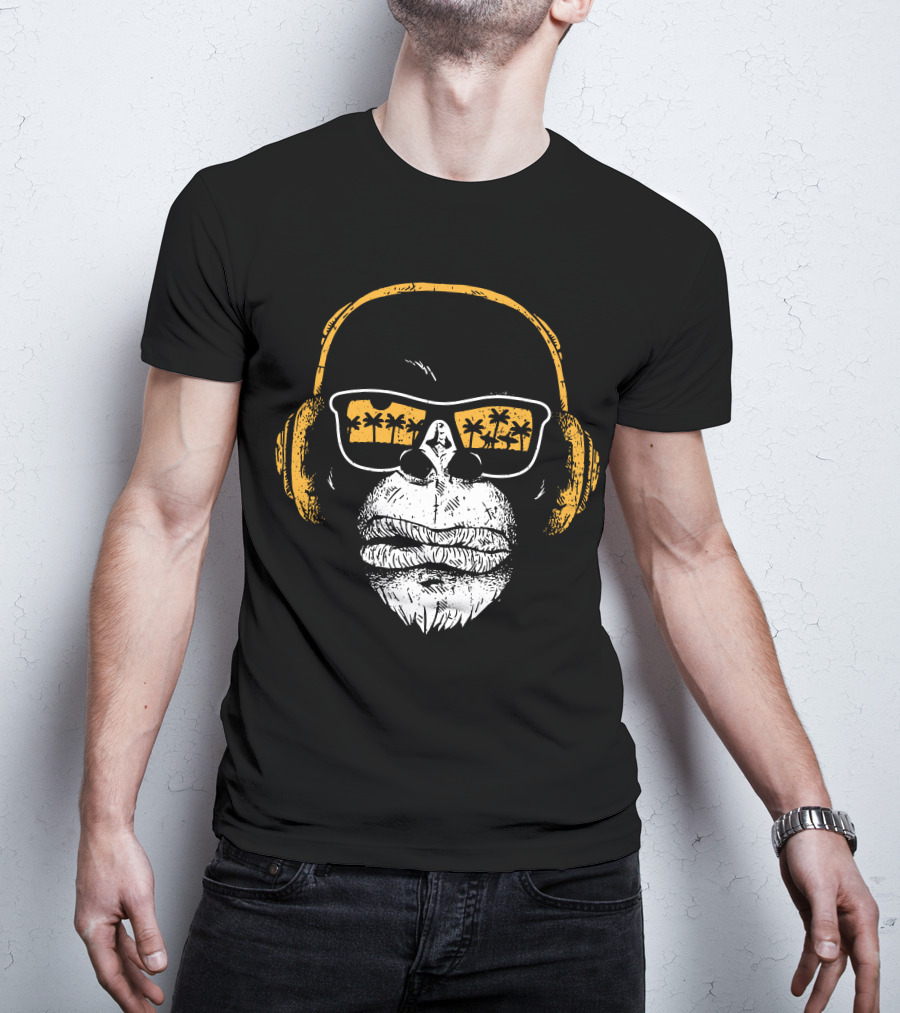 Monkey With DJ Headphones Sunglasses Palm Trees T-Shirt