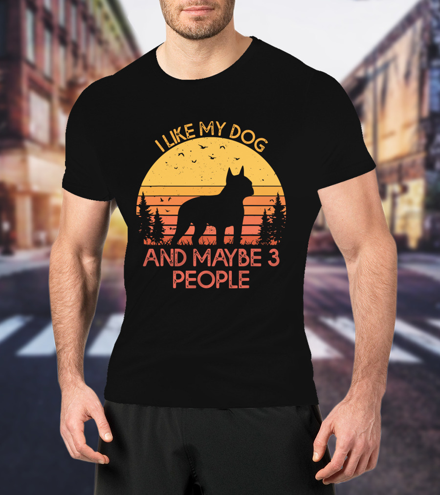 I Like My Dog And Maybe 3 People Sunset Silhouette With Trees And Birds T-Shirt