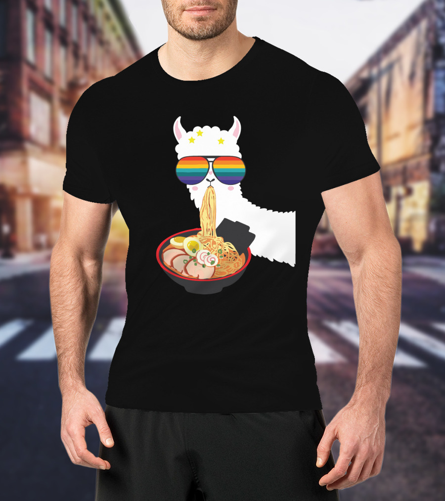 Rainbow Sunglasses LLama Eating Ramen Japanese Anime T-Shirt