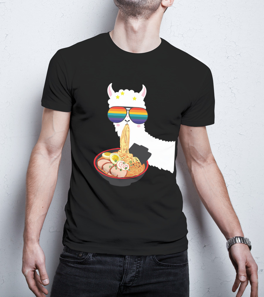 Rainbow Sunglasses LLama Eating Ramen Japanese Anime T-Shirt