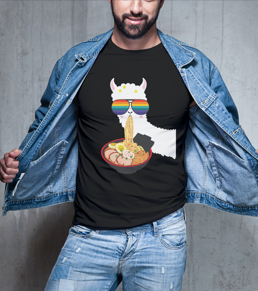 Rainbow Sunglasses LLama Eating Ramen Japanese Anime T-Shirt