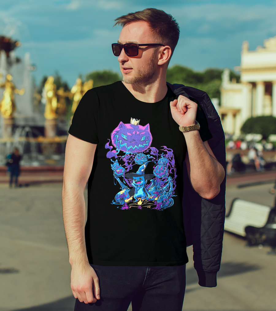 LIRIK HALLOWEEN Cat Wizard With Crown And Glowing Pumpkins T-Shirt