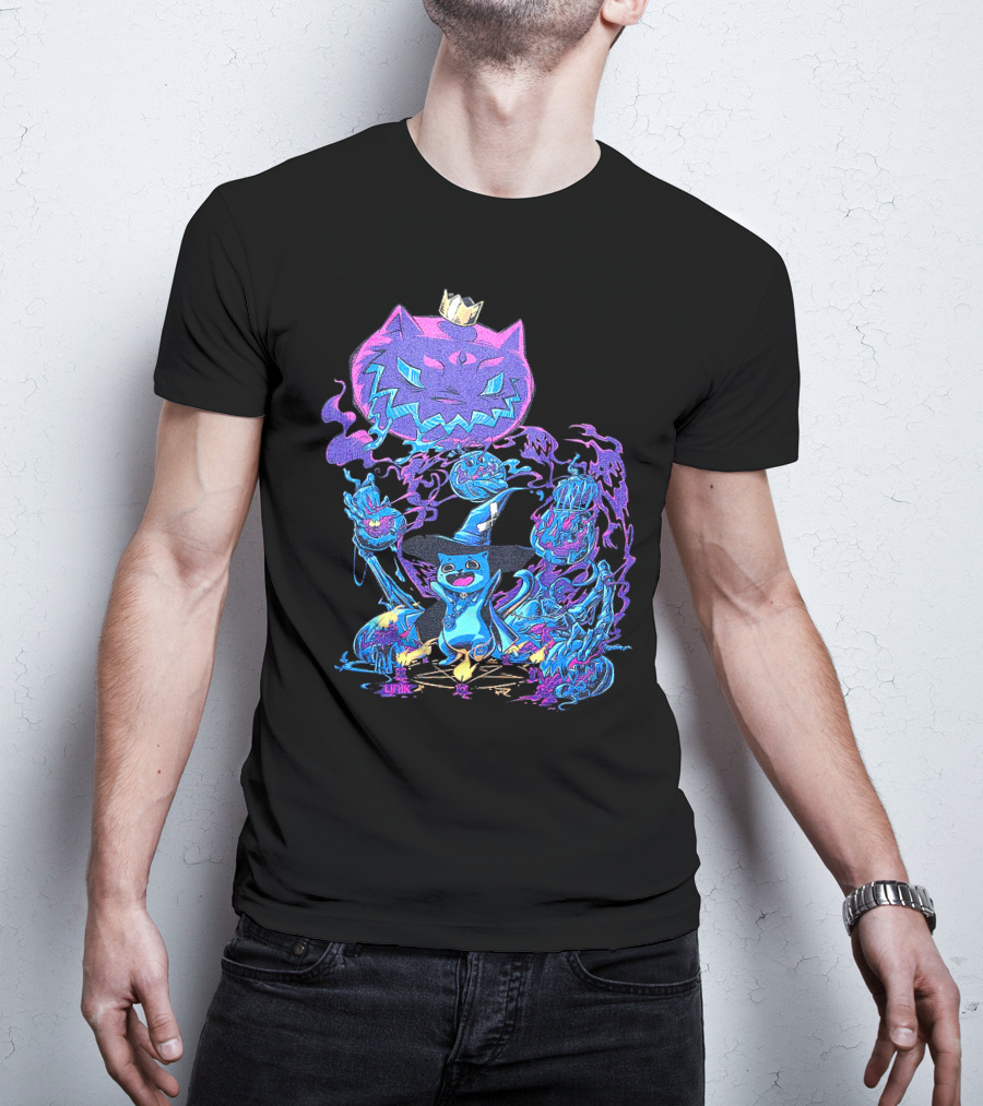 LIRIK HALLOWEEN Cat Wizard With Crown And Glowing Pumpkins T-Shirt