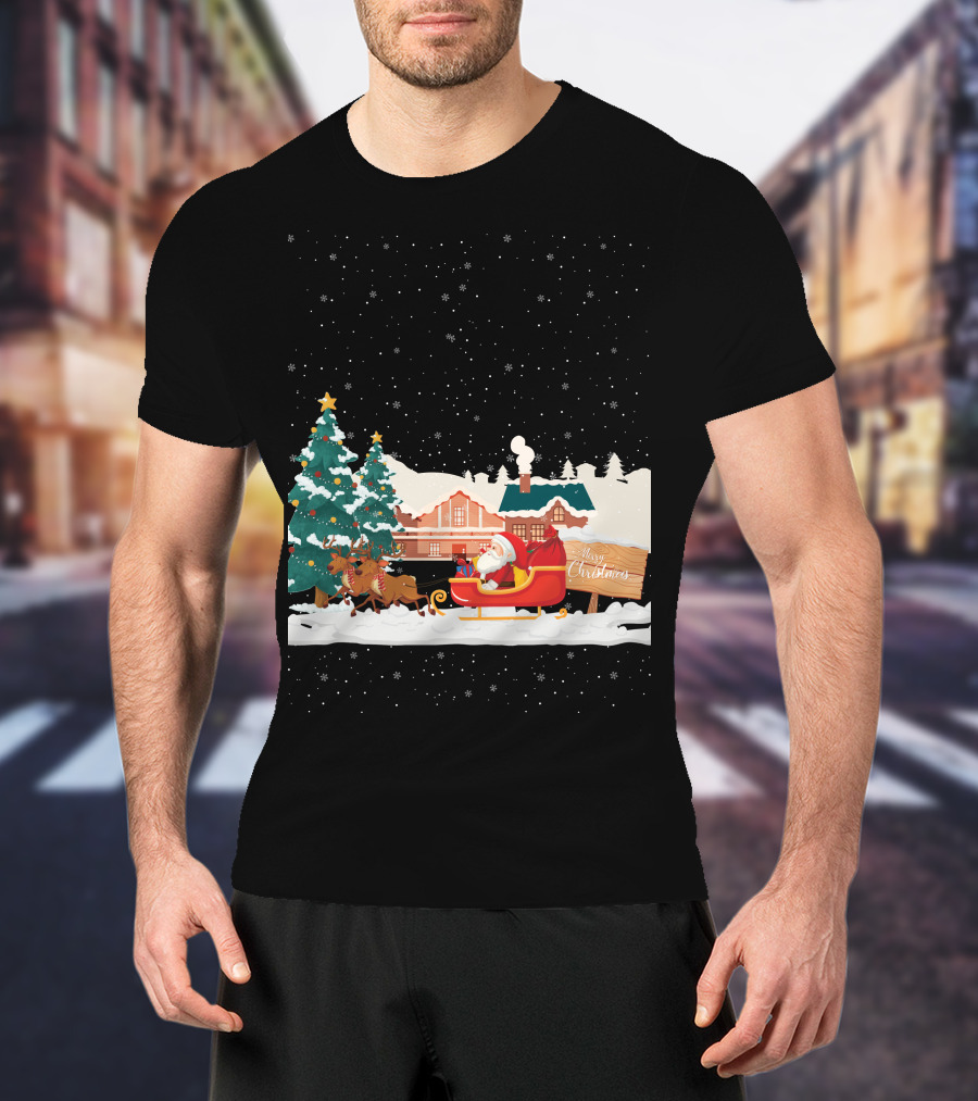 Merry Christmas Santa Claus Reindeer Sleigh Winter Scene T-Shirt