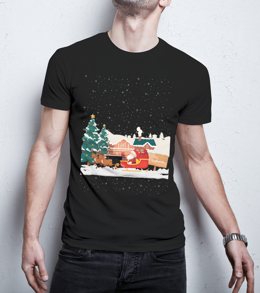 Merry Christmas Santa Claus Reindeer Sleigh Winter Scene T-Shirt