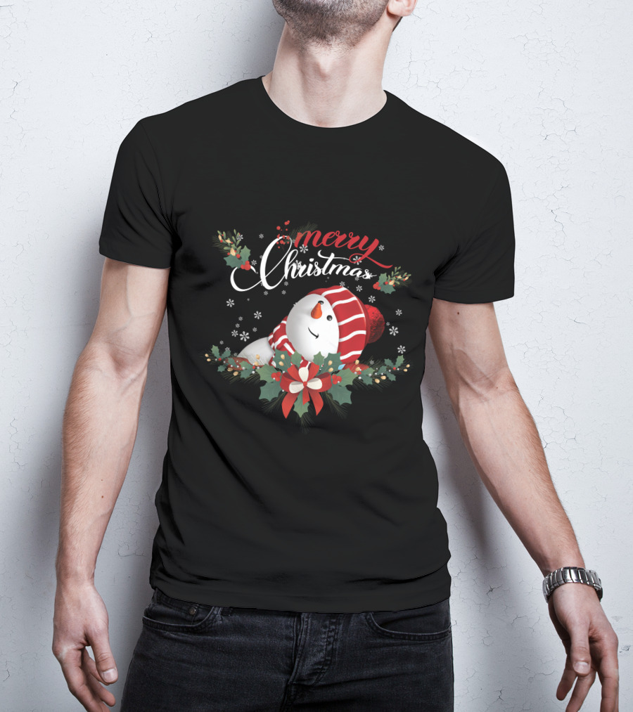 Merry Christmas Snowman With Holly And Snowflakes T-Shirt