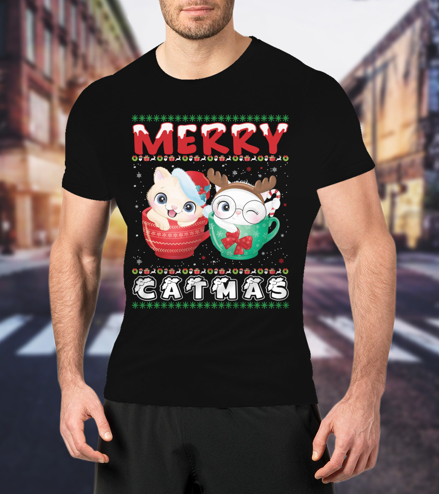 Merry Catmas With Festive Cats In Holiday Mugs T-Shirt