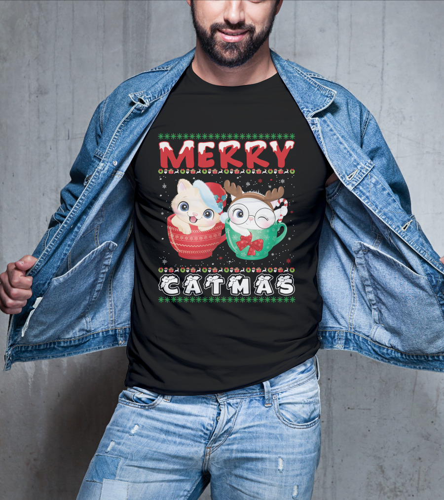 Merry Catmas With Festive Cats In Holiday Mugs T-Shirt