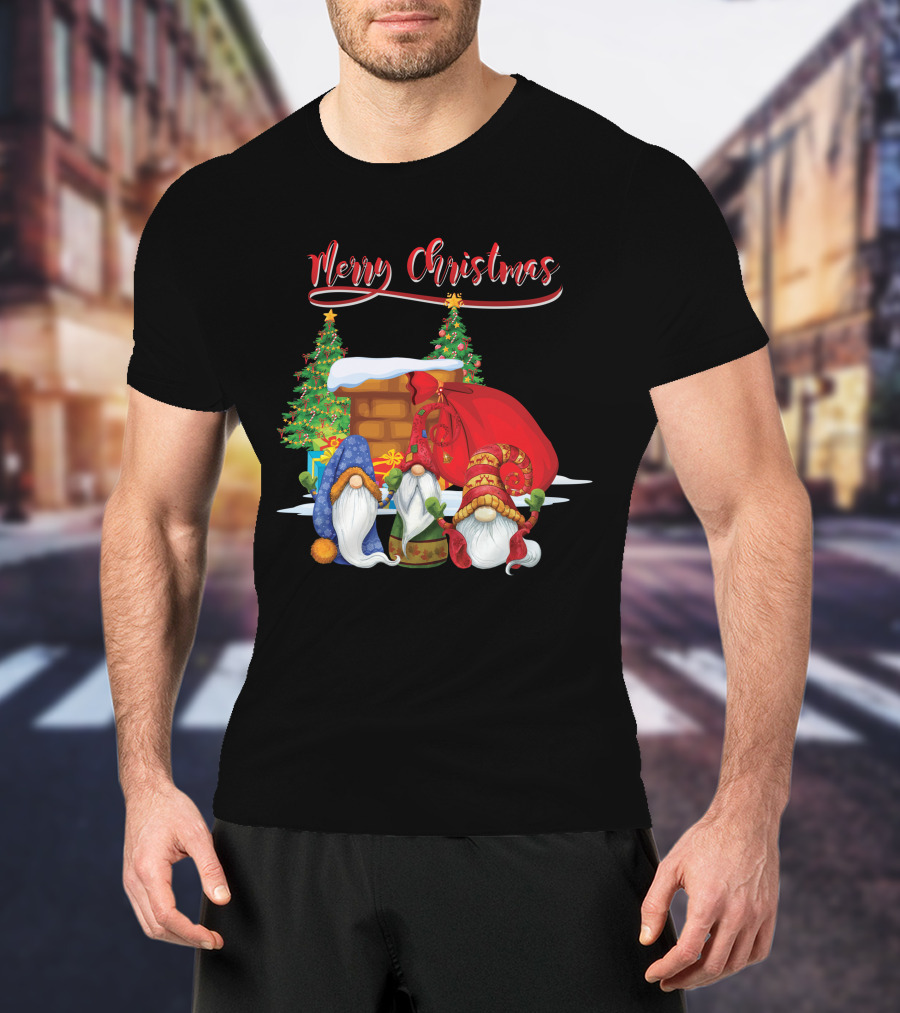 Merry Christmas Funny Gnomes With Santa's Sack And Festive Trees T-Shirt