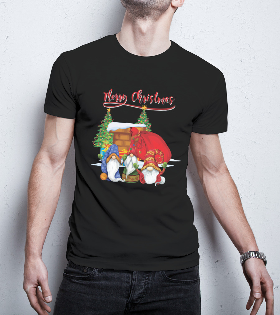 Merry Christmas Funny Gnomes With Santa's Sack And Festive Trees T-Shirt