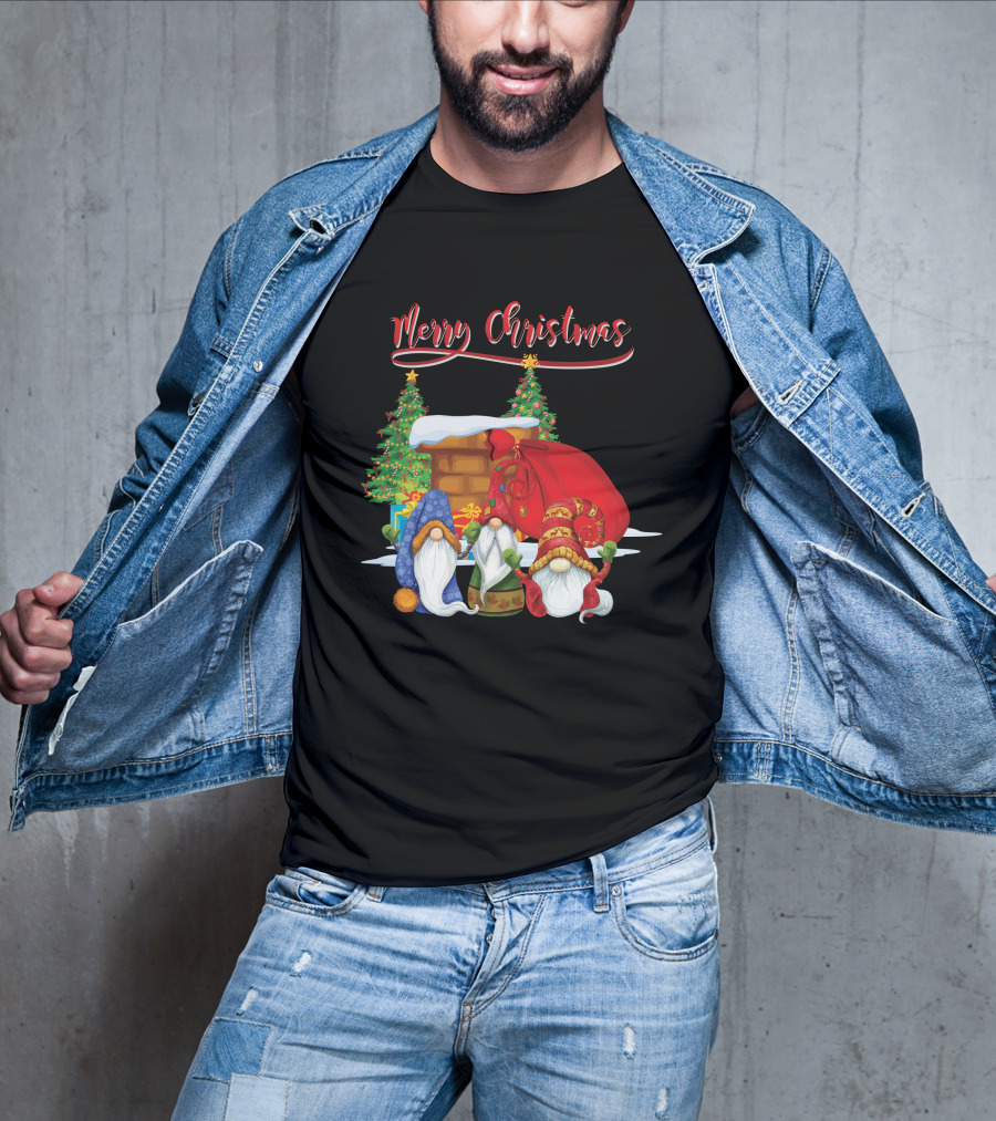 Merry Christmas Funny Gnomes With Santa's Sack And Festive Trees T-Shirt