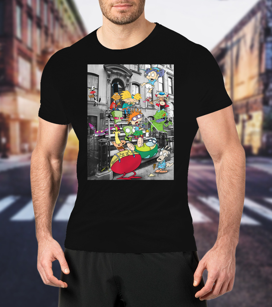 Classic Nicktoons Characters Sitting On Stoop Together In Black-and-White Background Scene T-Shirt