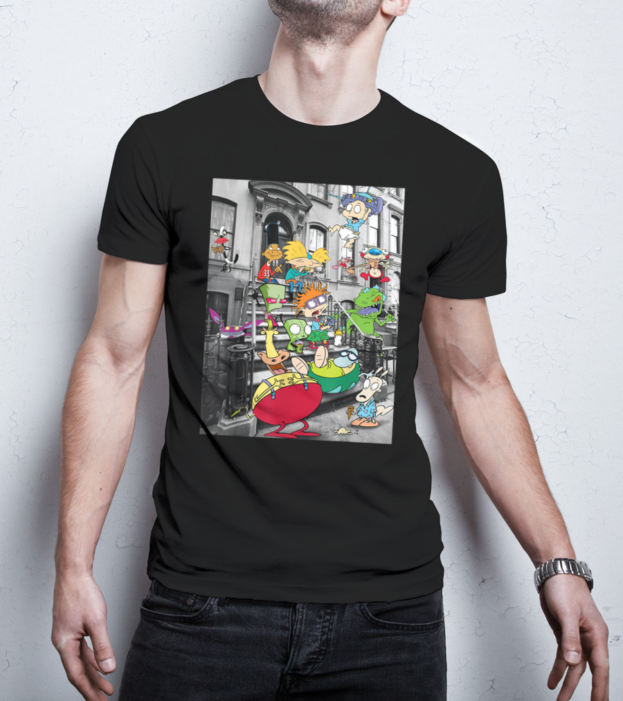 Classic Nicktoons Characters Sitting On Stoop Together In Black-and-White Background Scene T-Shirt