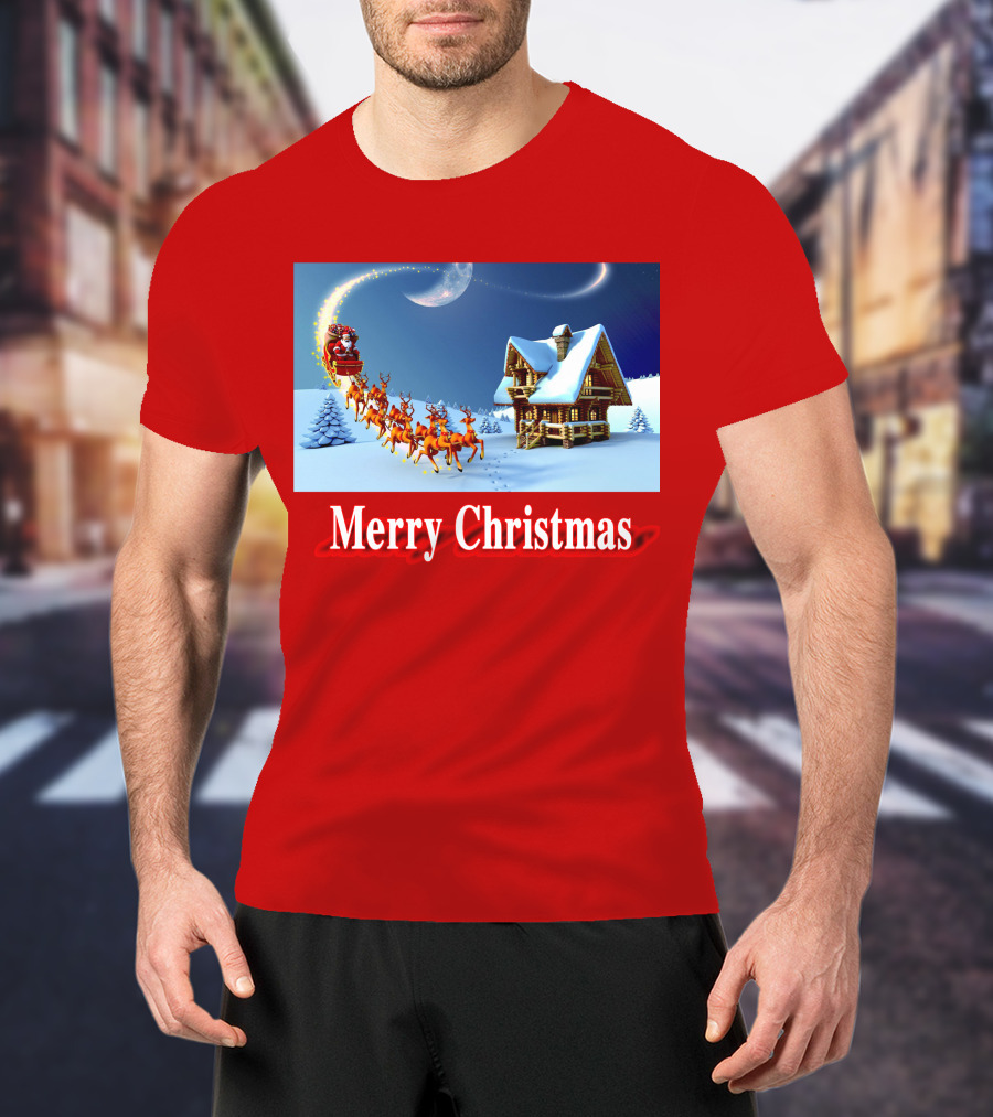Merry Christmas Santa Sleigh Flying Over Snowy Cabin Scene T-Shirt