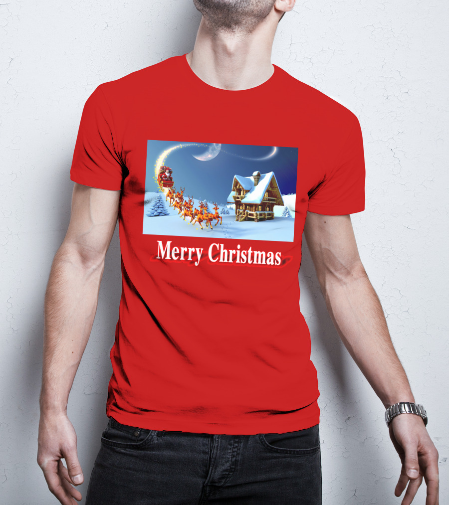 Merry Christmas Santa Sleigh Flying Over Snowy Cabin Scene T-Shirt