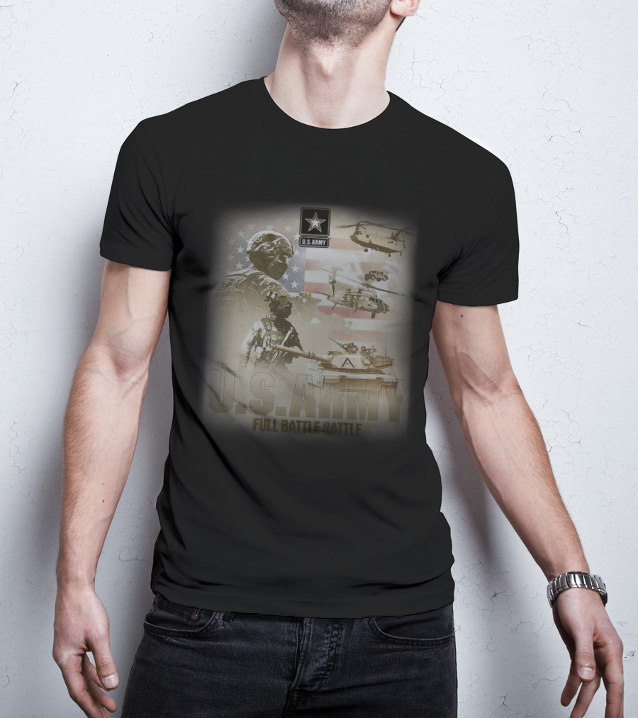U.S. Army Full Battle Rattle Helicopters Tanks Flag T-Shirt