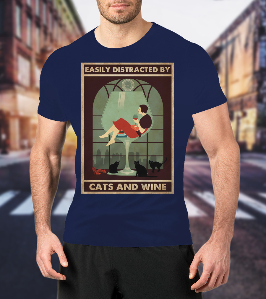 Easily Distracted By Cats And Wine Art Deco Woman In Glass With City Skyline And Cats T-Shirt