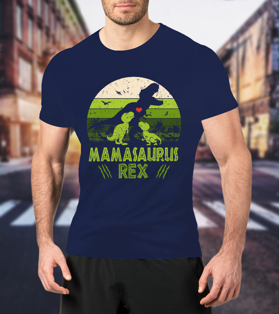 Kid Dinosaur Love For MamaSaurus Rex With Green Jungle Scene And Heart T-Shirt