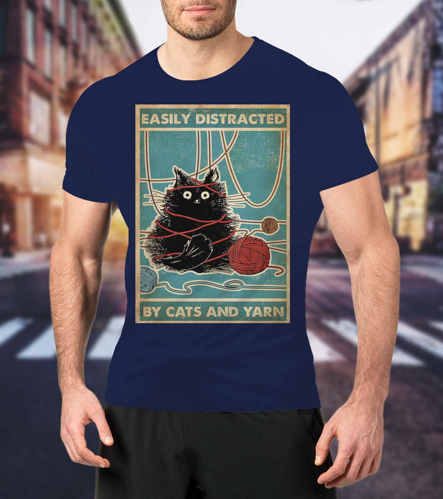 Easily Distracted Black Cat With Red Yarn And Balls Of Yarn T-Shirt