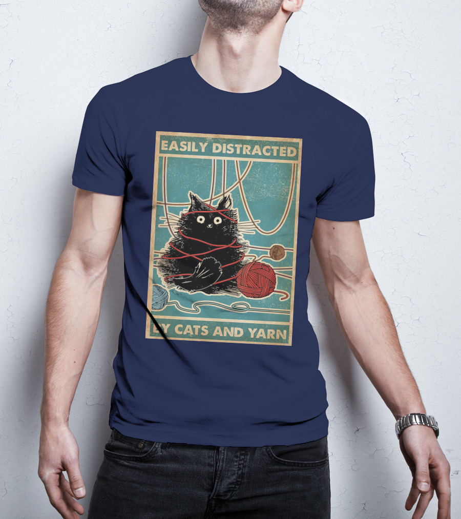 Easily Distracted Black Cat With Red Yarn And Balls Of Yarn T-Shirt