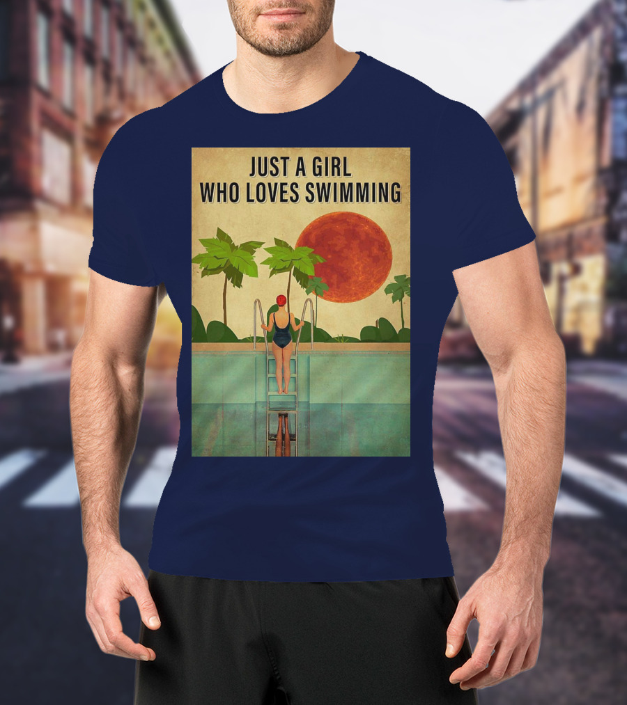 Just A Girl Who Loves Swimming With Palm Trees And Red Sun T-Shirt