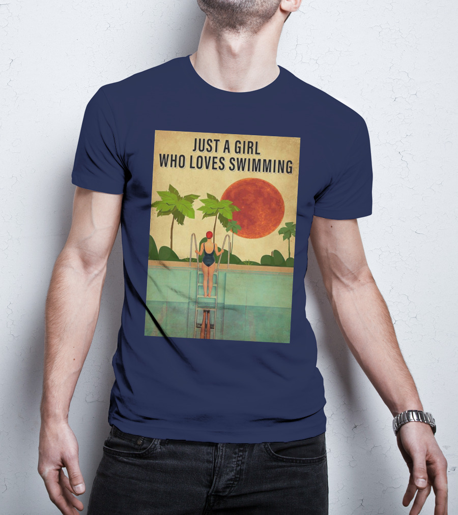 Just A Girl Who Loves Swimming With Palm Trees And Red Sun T-Shirt