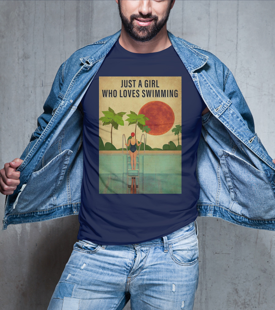 Just A Girl Who Loves Swimming With Palm Trees And Red Sun T-Shirt