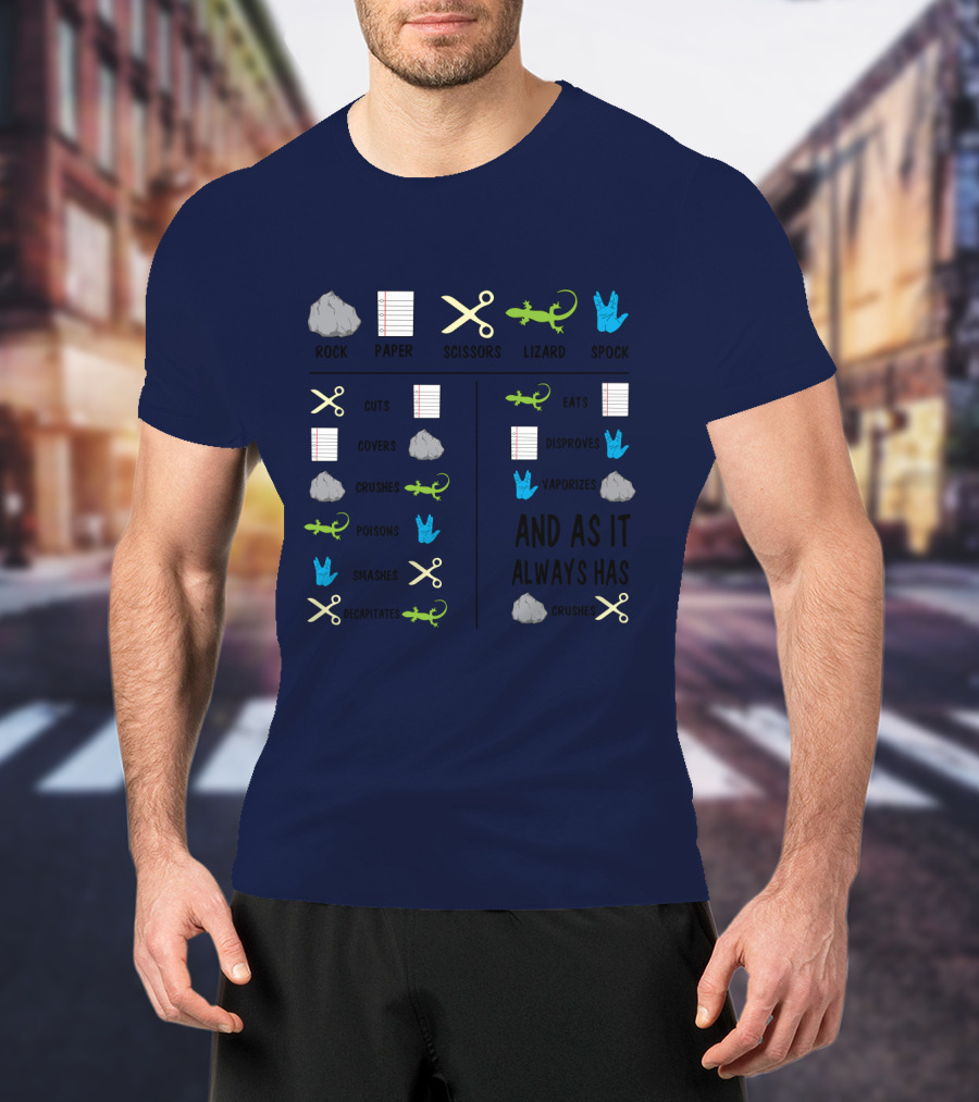 Rock Paper Scissors Lizard Spock And As It Always Has T-Shirt