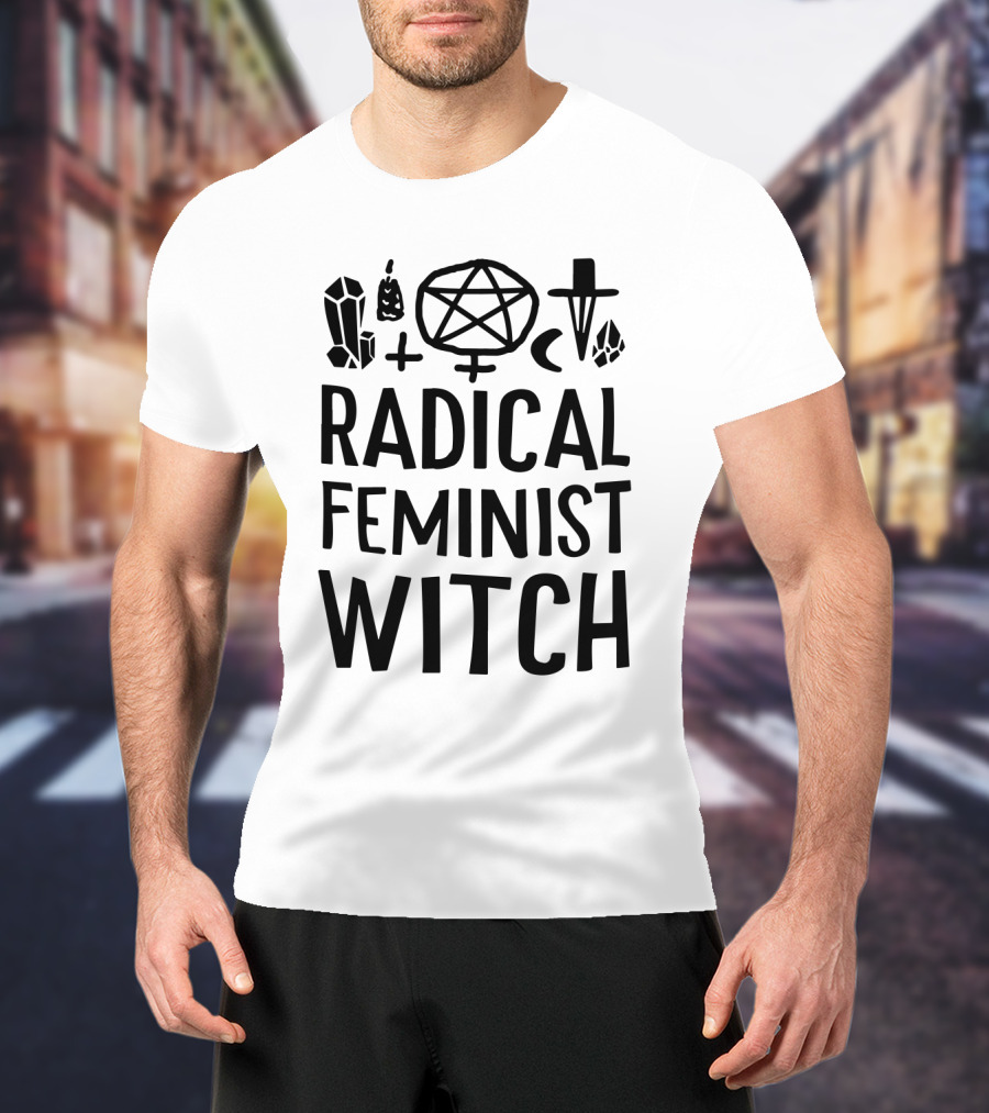 Radical Feminist Witch Magic Symbols Pentagram Crystal Moon Cross T-Shirt