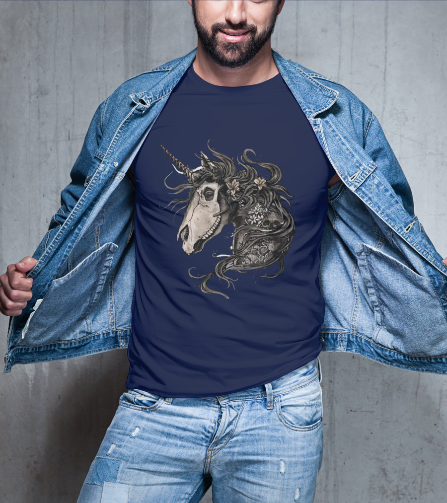 Floral Skull Unicorn Head With Flowers And Dark Mane T-Shirt