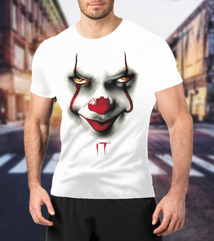 IT Pennywise Evil Clown Face With Scary House Inside Nose T-Shirt