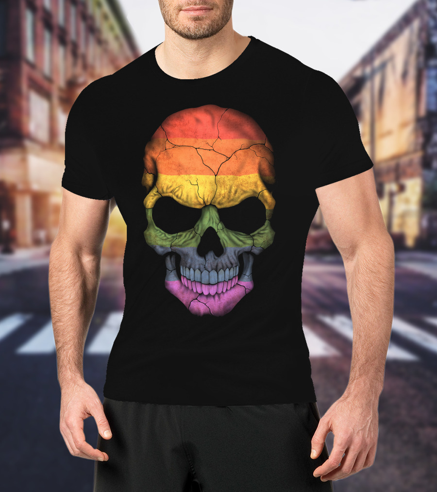 Gay Pride Rainbow Flag Skull Cracked Texture T-Shirt