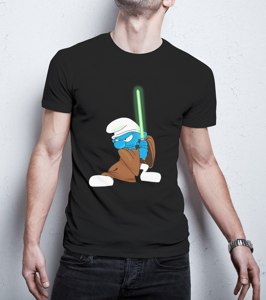 Smurf Jedi With Green Lightsaber In Star Wars-Inspired Crossover T-Shirt