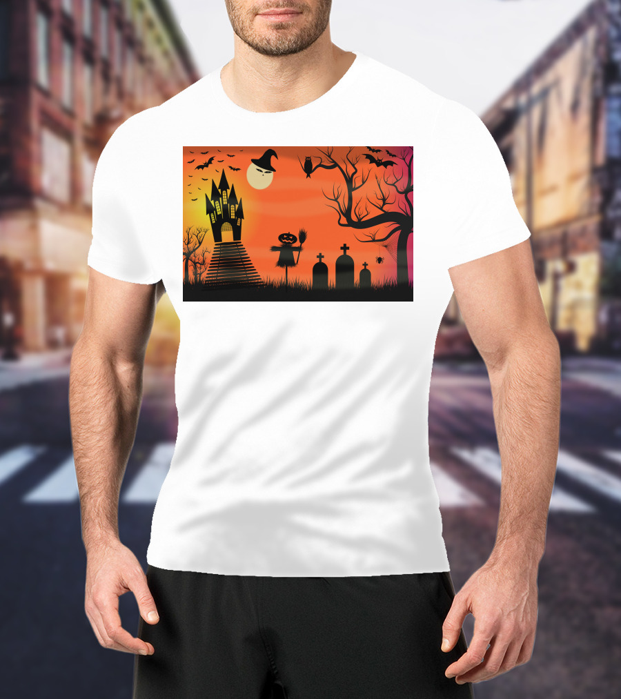 Halloween Haunted Castle Silhouette With Bats And Graveyard Scene T-Shirt