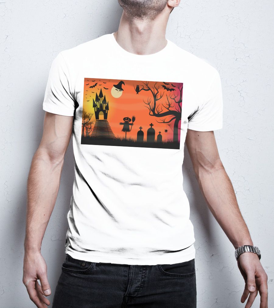 Halloween Haunted Castle Silhouette With Bats And Graveyard Scene T-Shirt