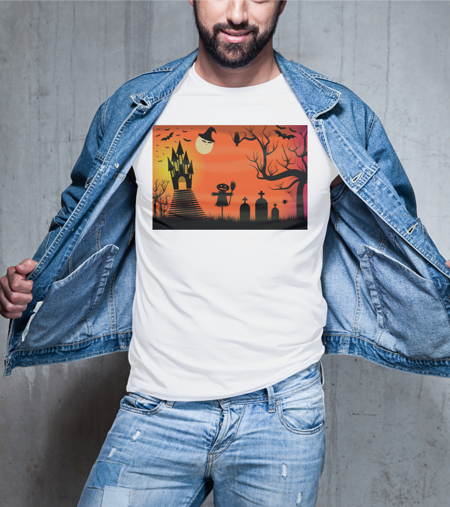 Halloween Haunted Castle Silhouette With Bats And Graveyard Scene T-Shirt