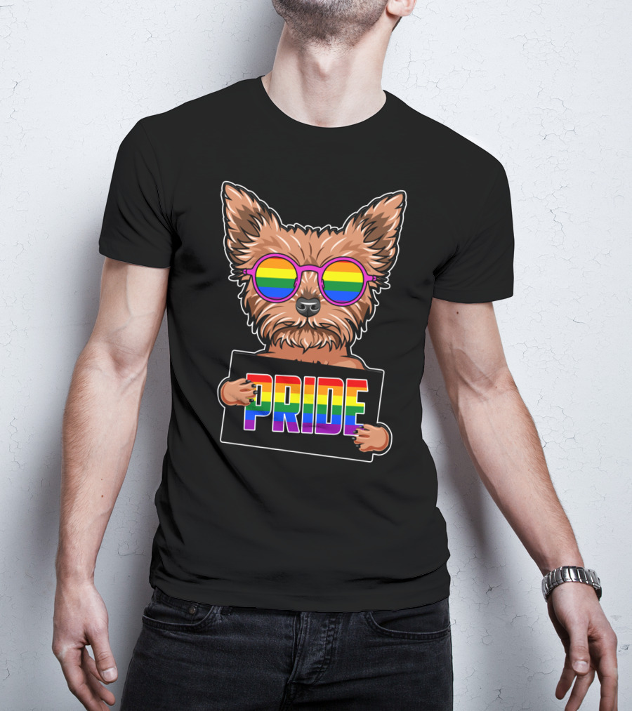 Yorkshire Terrier With Rainbow Glasses Holding Pride Sign T-Shirt