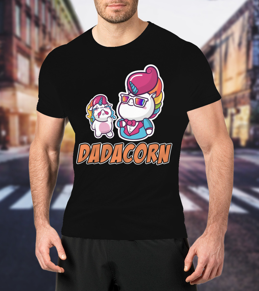 Dadacorn Unicorn Dad And Baby With Rainbow Outfits And Sunglasses T-Shirt