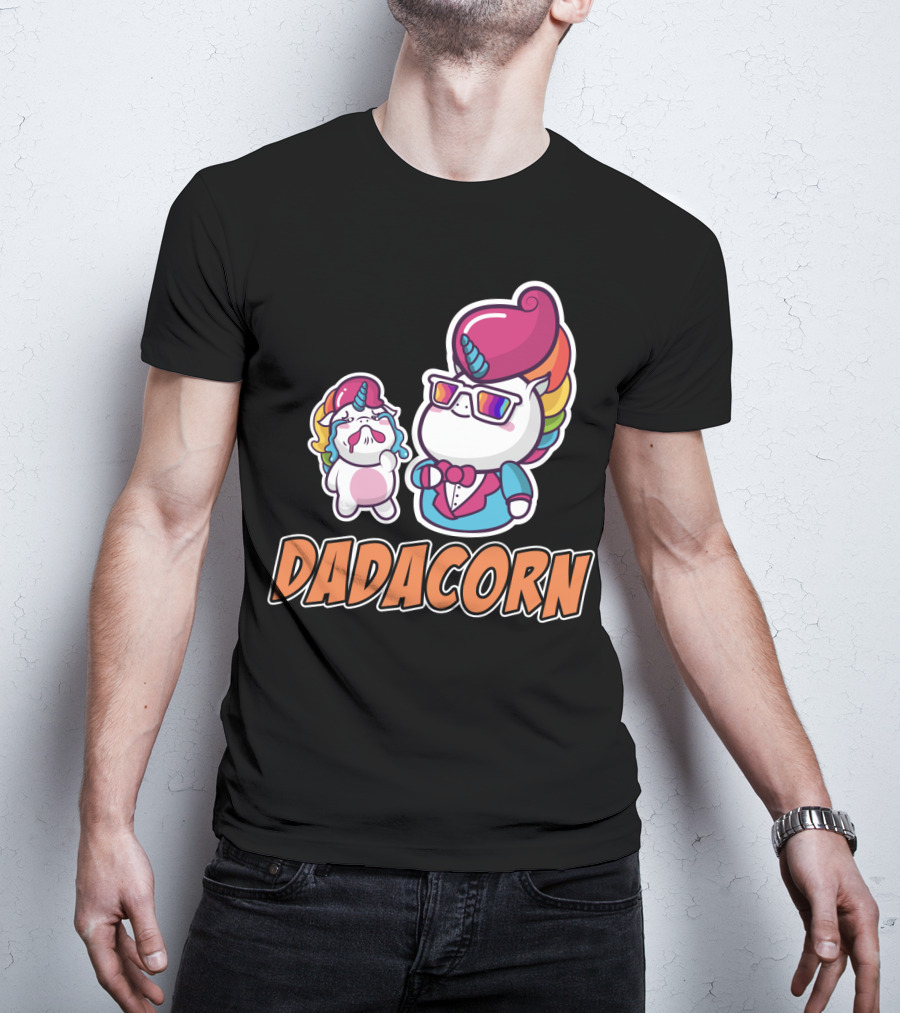 Dadacorn Unicorn Dad And Baby With Rainbow Outfits And Sunglasses T-Shirt