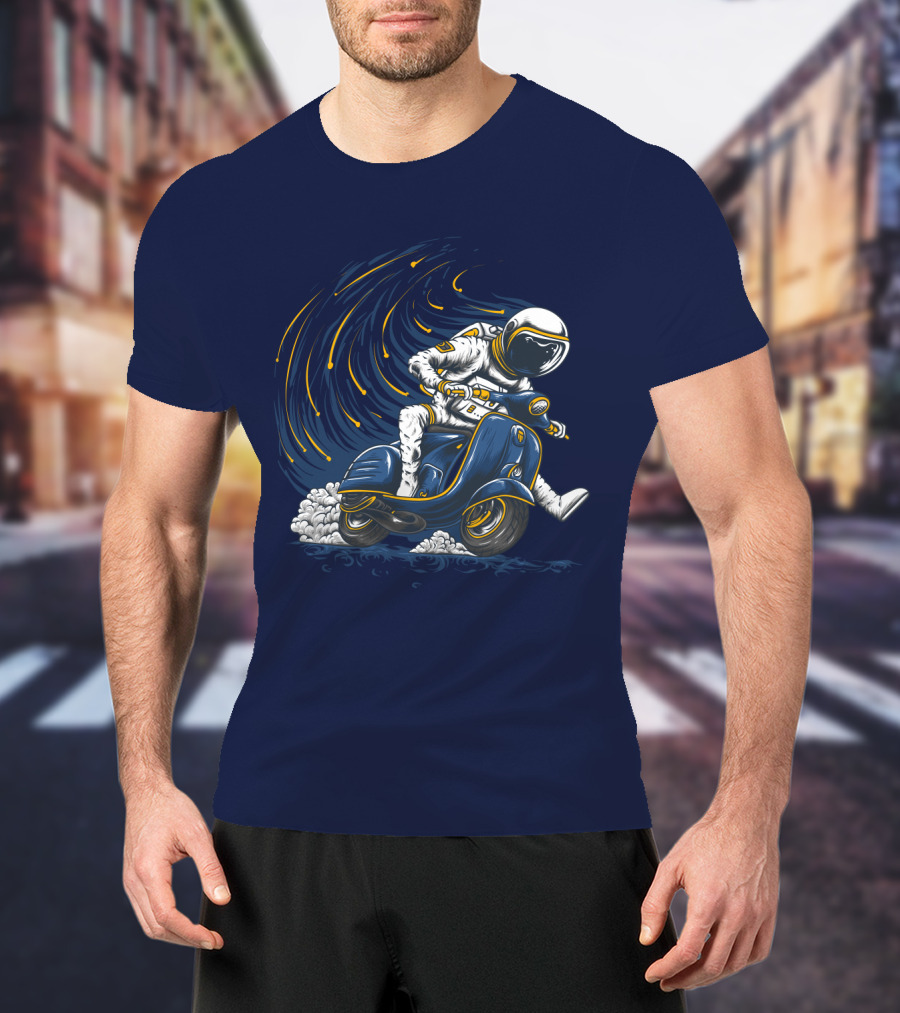 Astronaut In Spacesuit Joyfully Riding Vespa Scooter With Meteor Shower T-Shirt