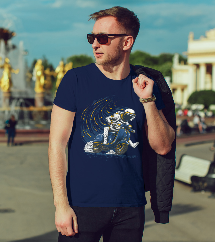 Astronaut In Spacesuit Joyfully Riding Vespa Scooter With Meteor Shower T-Shirt