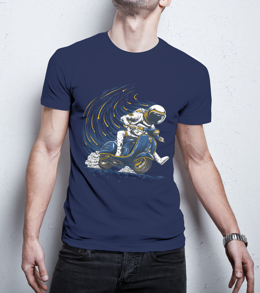 Astronaut In Spacesuit Joyfully Riding Vespa Scooter With Meteor Shower T-Shirt
