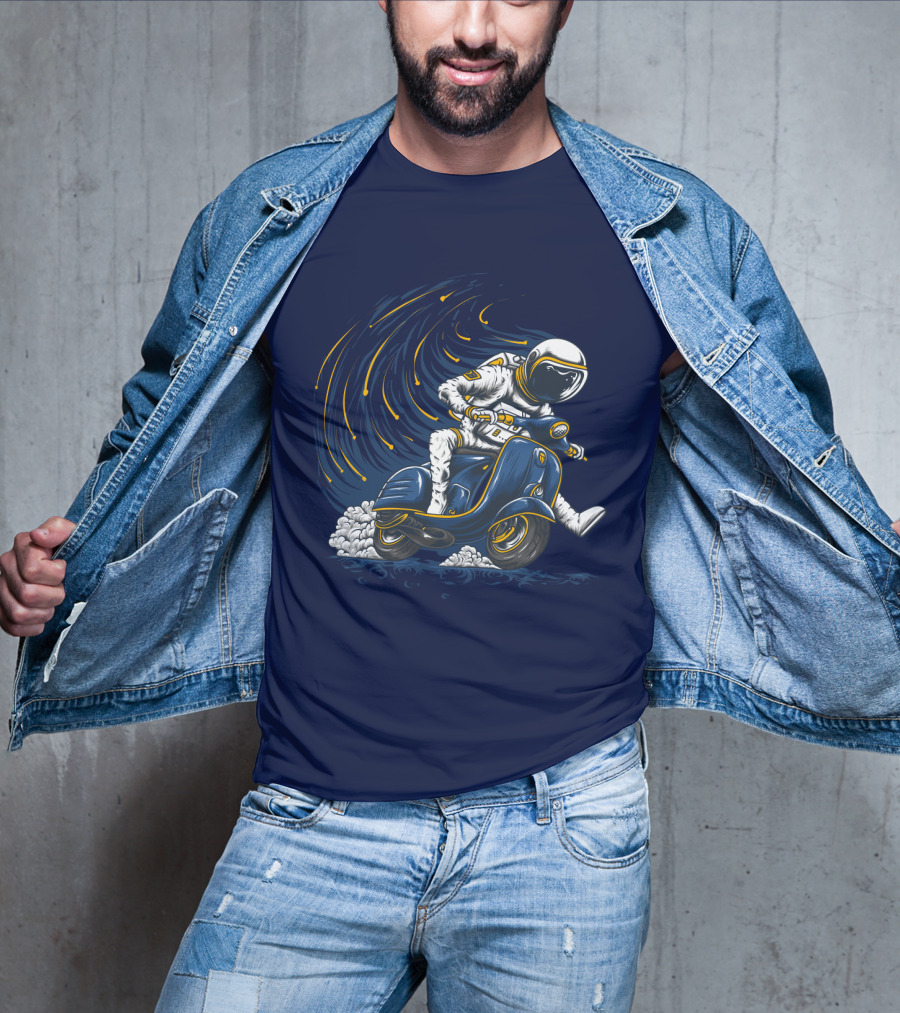 Astronaut In Spacesuit Joyfully Riding Vespa Scooter With Meteor Shower T-Shirt