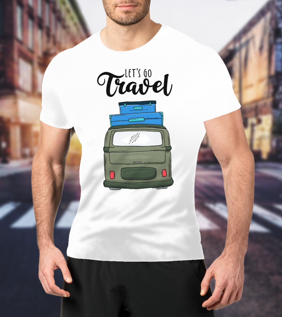 Let's Go Travel With Retro Van And Luggage Stack T-Shirt