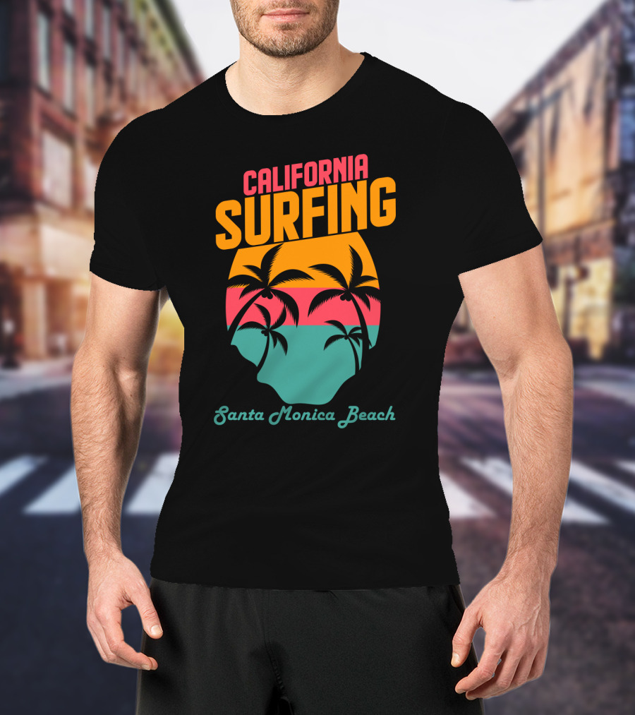 California Surfing Santa Monica Beach Sunset Palm Trees T-Shirt