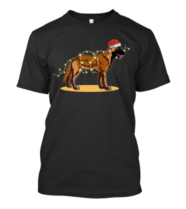 Belgian Malinois Wrapped In Christmas Lights With Santa Hat T-Shirt