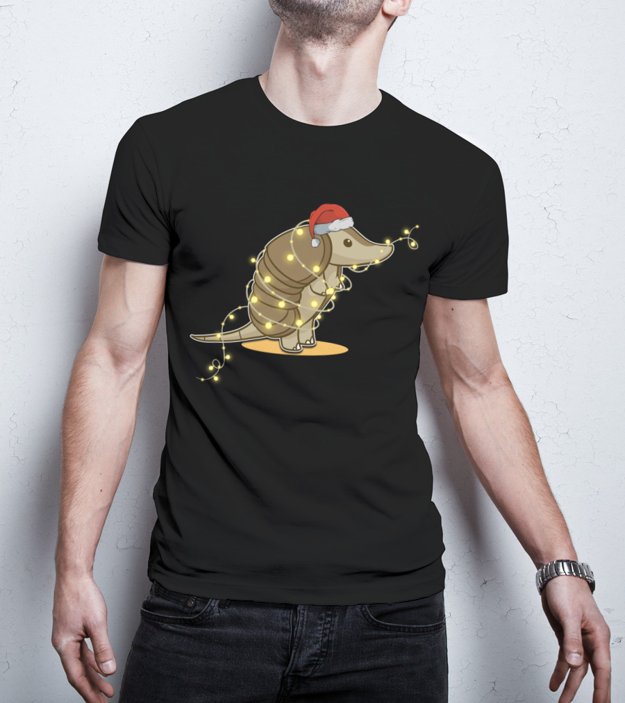 Santa Hat Armadillo Wrapped In Holiday String Lights T-Shirt