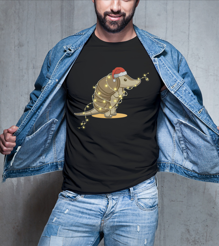 Santa Hat Armadillo Wrapped In Holiday String Lights T-Shirt