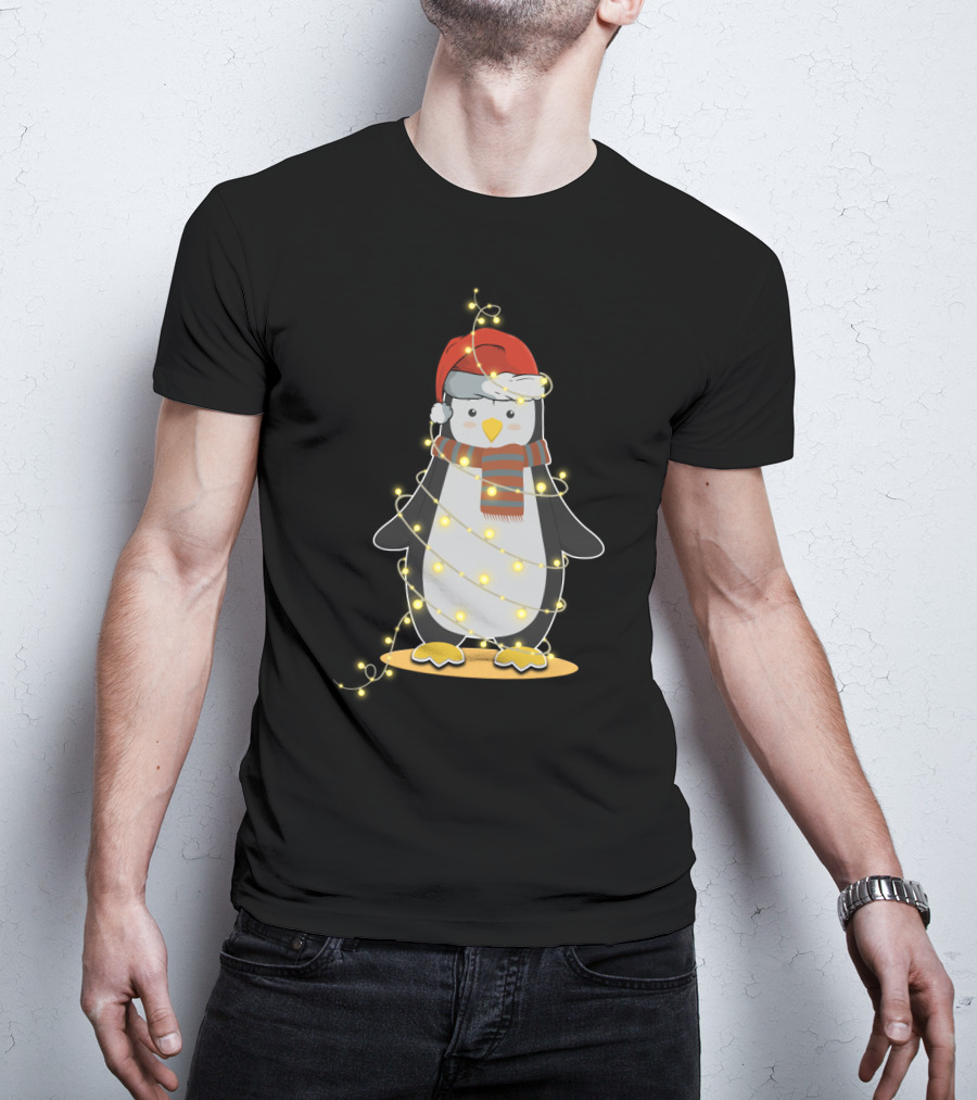 Penguin Wrapped In Christmas Lights With Santa Hat And Scarf T-Shirt
